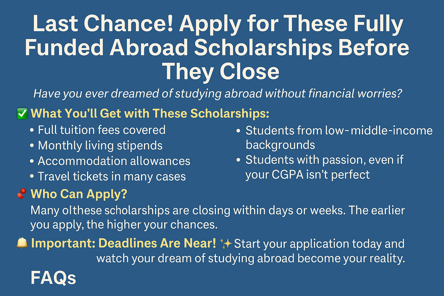 Fully Funded Abroad Scholarships Before They Close